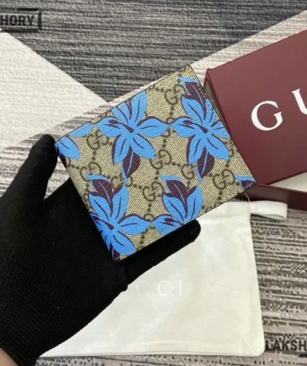 Gucci 1:1 Mirror Replica GG Men’s Floral w/ Coin Purse Wallet Blue 9CM/3.5IN Gucci Replica Wallets