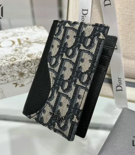 Dior 1:1 Mirror Replica Saddle Vertical Bifold Card Holder Marquetry Beige & Black 2CM/0.8IN Christian Dior Replica Wallets