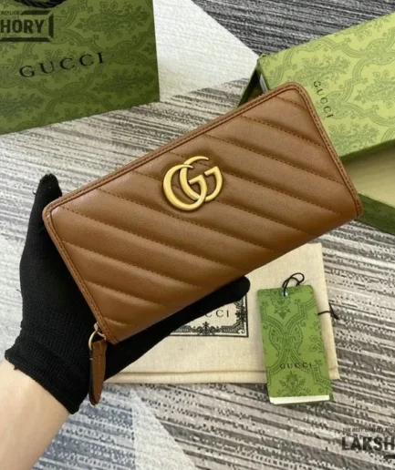 Gucci 1:1 Mirror Replica GG Marmont Zip Around Wallet Brown 19CM/7.5IN Gucci Replica Wallets