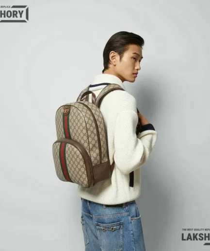 Gucci 1:1 Mirror Replica Medium Backpack GG Supreme Beige & Ebony 40CM/15.7IN Gucci Replica Backpacks