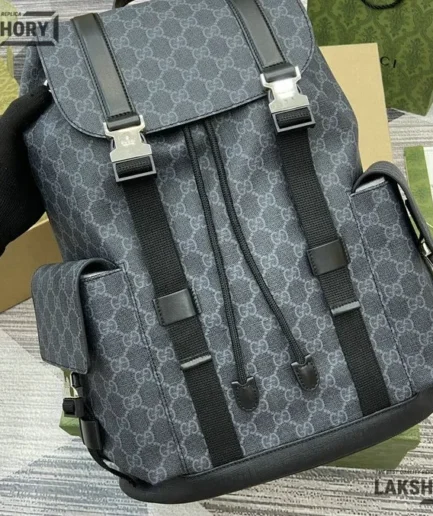 Gucci 1:1 Mirror Replica Cowhide GG Supreme Large Backpack Black 46CM/18.1IN Gucci Replica Backpacks