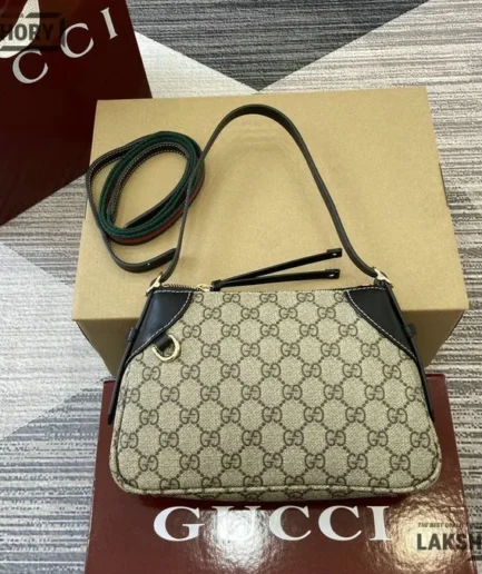 Gucci 1:1 Mirror Replica GG Emblem Small Bag Beige Dark Brown 24.5CM/9.6IN Gucci Replica Ophidia Bags