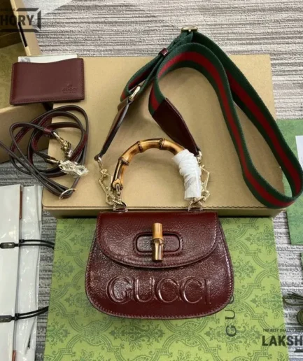 Gucci 1:1 Mirror Replica Bamboo 1947 Mini Bag Burgundy 17CM/6.7IN Gucci Replica Bamboo Bags