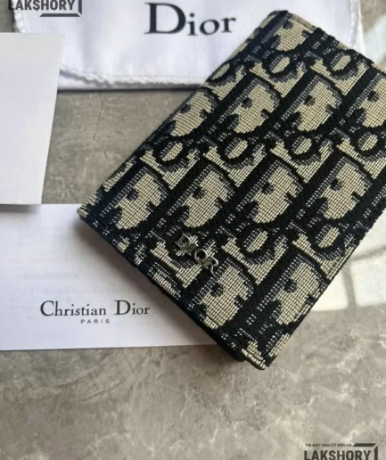 Dior 1:1 Mirror Replica Trifold Wallet Beige & Black Dior Oblique Jacquard 11.2CM/4.4IN Christian Dior Replica Wallets