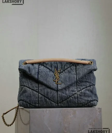 YSL 1:1 Mirror Replica Loulou Puffer Shoulder Bag Denim Blue 35CM/13.8IN Replica Crossbody Bags