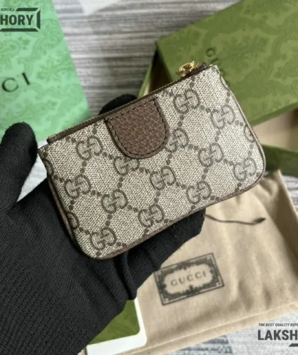 Gucci 1:1 Mirror Replica GG Web Ophidia Key Pouch Beige 12CM/4.7IN Gucci Replica Wallets