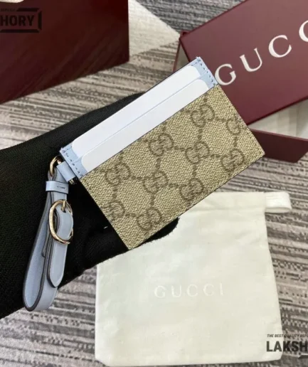 Gucci 1:1 Mirror Replica Emblem Card Case w/ Strap Beige Light Blue 7CM/2.8IN Gucci Replica Wallets