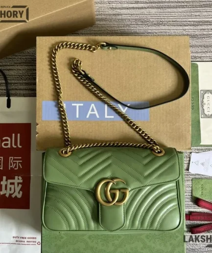 Gucci 1:1 Mirror Replica Calfskin Small GG Marmont Bag Green 26CM/10.2IN Gucci Replica Marmont Bags