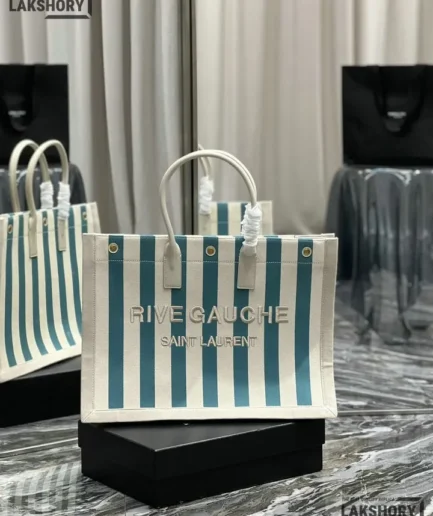 YSL 1:1 Mirror Replica Linen Striped Rive Gauche Tote Water Green 48CM/18.9IN Replica Tote Bags