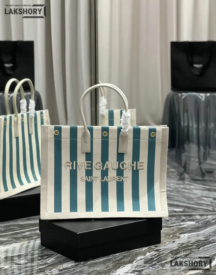 YSL 1:1 Mirror Replica Linen Striped Rive Gauche Tote Water Green 48CM/18.9IN Replica Tote Bags YSL 1:1 Mirror Replica Linen Striped Rive Gauche Tote Water Green 48CM/18.9IN Replica Tote Bags