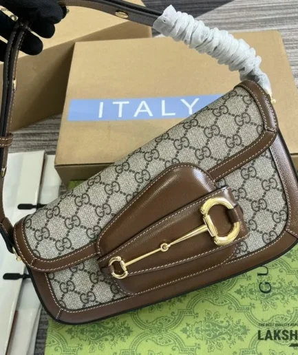 Gucci 1:1 Mirror Replica Monogram Horsebit 1955 Asymmetric Shoulder Bag Brown Gucci Replica Horsebit Bags