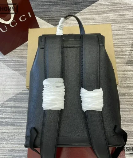 Gucci 1:1 Mirror Replica Leather Medium Backpack w/ Web Black 40CM/15.7IN Gucci Replica Backpacks