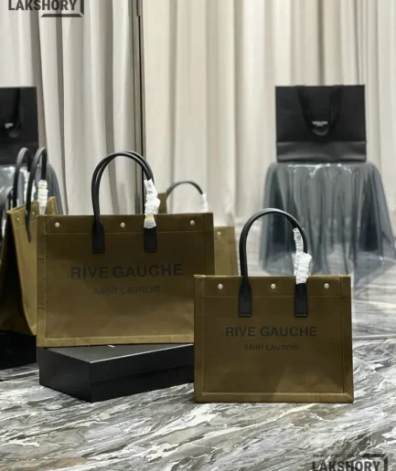 YSL 1:1 Mirror Replica Calfskin Linen Rive Gauche Tote Khaki Replica Tote Bags