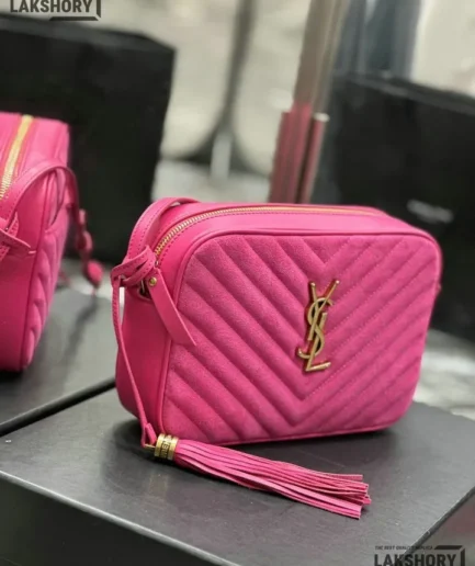 YSL 1:1 Mirror Replica Suede Matelasse Lou Camera Bag Rose 23CM/9.1IN Replica Crossbody Bags