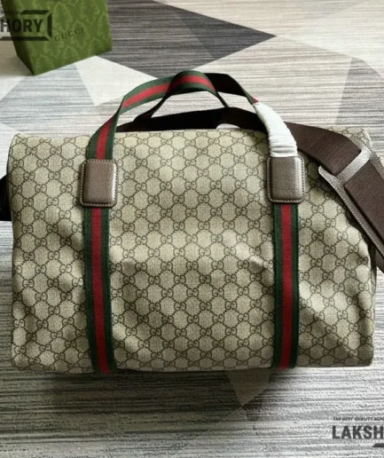 Gucci 1:1 Mirror Replica Tender Web Medium Duffle Bag Beige Ebony 45.5CM/17.9IN Gucci Replica Ophidia Bags