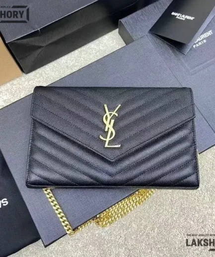 YSL 1:1 Mirror Replica Cassandre Chain Envelope Wallet Black 22.5CM/8.9IN Replica Crossbody Bags
