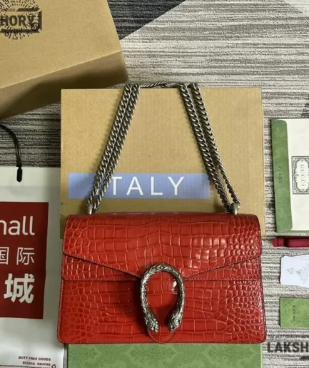 Gucci 1:1 Mirror Replica Crocodile Small Dionysus Shoulder Bag Red 28CM/11IN Gucci Replica Dionysus Bags