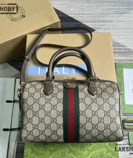 Gucci 1:1 Mirror Replica Ophidia Medium Boston Bag GG Canvas 26.5CM/10.4IN Gucci Replica Ophidia Bags