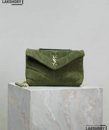 YSL 1:1 Mirror Replica Velvet Loulou Puffer Chain Satchel Green 23CM/9.1IN Replica Crossbody Bags