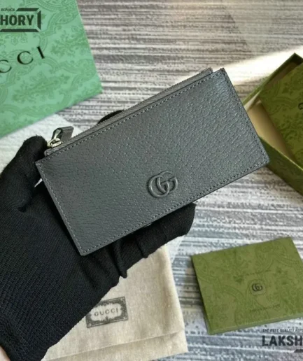 Gucci 1:1 Mirror Replica GG Marmont Zip Card Case Grey 7CM/2.8IN Gucci Replica Wallets