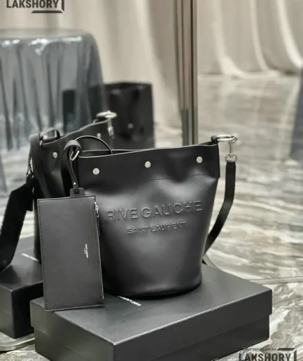 YSL 1:1 Mirror Replica Rive Gauche Debossed Bucket Bag Black 20CM/7.9IN Replica Tote Bags