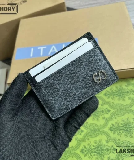 Gucci 1:1 Mirror Replica Bi-color Card Case w/ GG Detail 7CM/2.8IN Gucci Replica Wallets