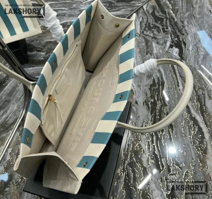 YSL 1:1 Mirror Replica Linen Striped Rive Gauche Tote Water Green 48CM/18.9IN Replica Tote Bags YSL 1:1 Mirror Replica Linen Striped Rive Gauche Tote Water Green 48CM/18.9IN Replica Tote Bags