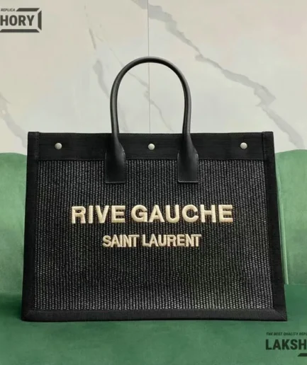 YSL 1:1 Mirror Replica Embroidered Rive Gauche Tote Black 48CM/18.9IN Replica Tote Bags