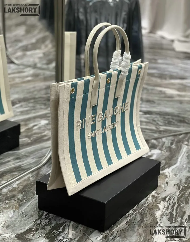 YSL 1:1 Mirror Replica Linen Striped Rive Gauche Tote Water Green 48CM/18.9IN Replica Tote Bags YSL 1:1 Mirror Replica Linen Striped Rive Gauche Tote Water Green 48CM/18.9IN Replica Tote Bags