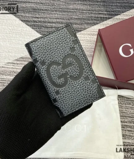 Gucci 1:1 Mirror Replica Jumbo GG Leather Card Case Black 7.5CM/3IN Gucci Replica Wallets