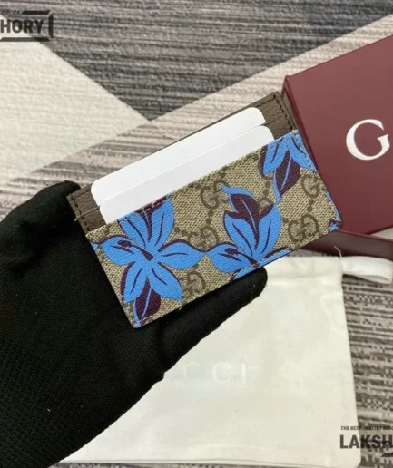 Gucci 1:1 Mirror Replica GG Printed Card Case Wallet Dark Brown Blue 7CM/2.8IN Gucci Replica Wallets
