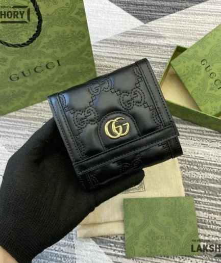 Gucci 1:1 Mirror Replica GG Matelasse Bi-Fold Wallet Black 12CM/4.7IN Gucci Replica Wallets