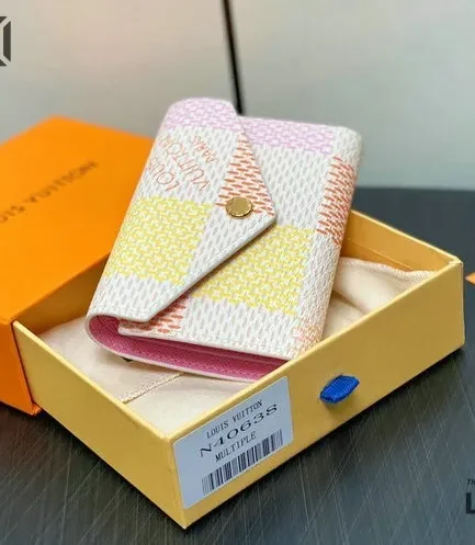Louis Vuitton 1:1 Mirror Replica Giant Damier Victorine Wallet Peach Pink 12CM/4.7IN Louis Vuitton Replica Wallets