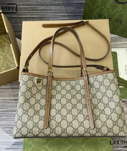 Gucci 1:1 Mirror Replica GG Emblem Medium Tote Beige Brown 31CM/12.2IN Gucci Replica Ophidia Bags
