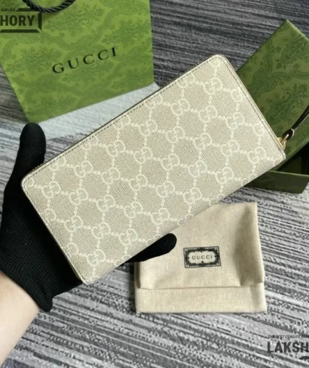 Gucci 1:1 Mirror Replica Bi-color Zip Around Wallet Beige & White 19CM/7.5IN Gucci Replica Wallets