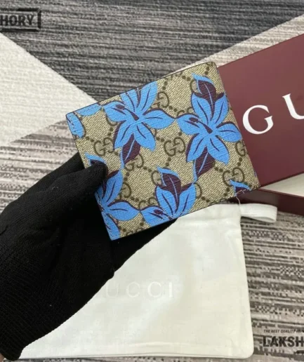 Gucci 1:1 Mirror Replica Printed Floral w/ Coin Purse Wallet Blue 9CM/3.5IN Gucci Replica Wallets