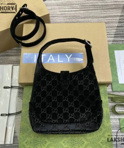 Gucci 1:1 Mirror Replica Velvet Ashmir GG Jackie 1961 Black 22CM/8.7IN Gucci Replica Jackie Bags