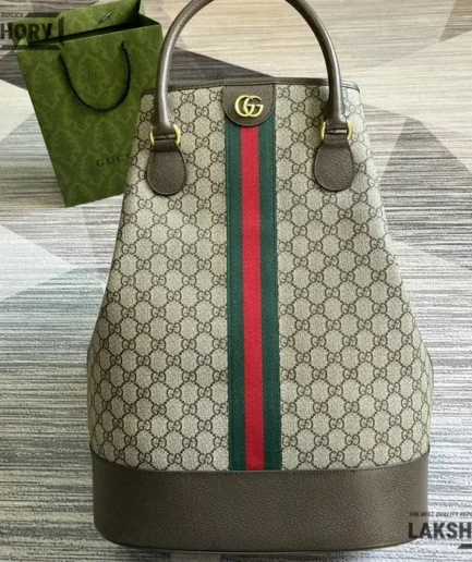 Gucci 1:1 Mirror Replica GG Web Savoy Duffle Bag Beige Ebony 48CM/18.9IN Gucci Replica Ophidia Bags