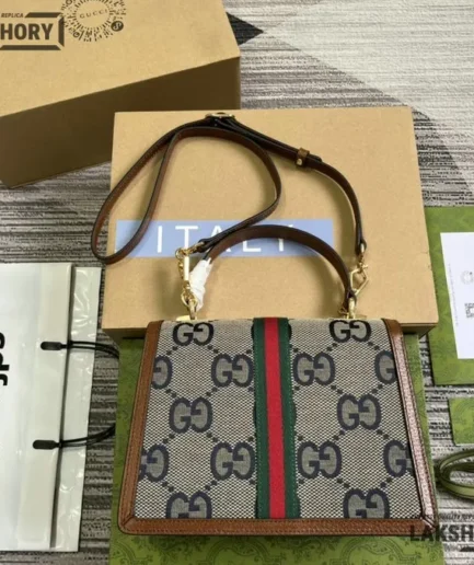 Gucci 1:1 Mirror Replica Jumbo GG Small Ophidia Top Handle Brown 25CM/9.8IN Gucci Replica Ophidia Bags