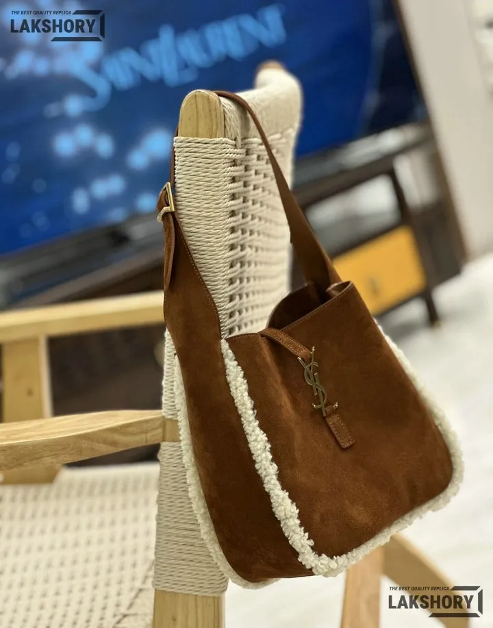 YSL 1:1 Mirror Replica Suede Shearling Le 5 A 7 Hobo Brown Beige 23CM/9.1IN Replica Hobo Bags YSL 1:1 Mirror Replica Suede Shearling Le 5 A 7 Hobo Brown Beige 23CM/9.1IN Replica Hobo Bags