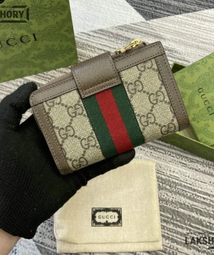 Gucci 1:1 Mirror Replica GG Ophidia Card Case Wallet Beige Ebony 13CM/5.1IN Gucci Replica Wallets