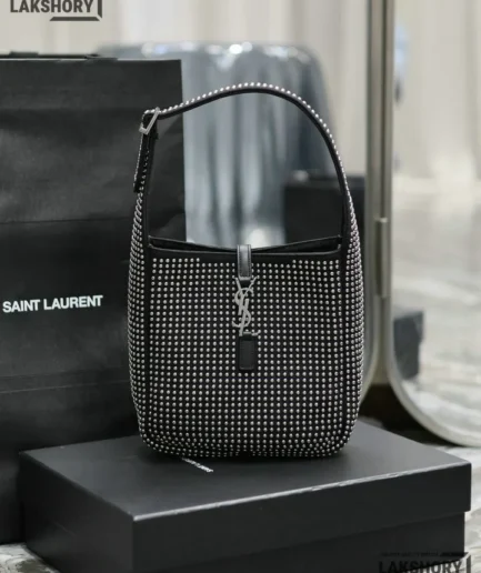 YSL 1:1 Mirror Replica Le 5 À 7 Studded Embellished Bag Black 23CM/9.1IN Replica Hobo Bags