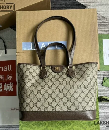 Gucci 1:1 Mirror Replica GG Medium Ophidia Tote Bag Beige Ebony 31CM/12.2IN Gucci Replica Ophidia Bags