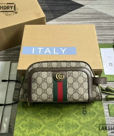 Gucci 1:1 Mirror Replica Beige Web Ophidia Toiletry Case GG 26CM/10.2IN Gucci Replica Ophidia Bags