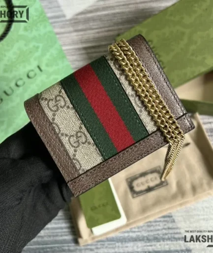Gucci 1:1 Mirror Replica Web Ophidia Chain Card Case Beige 11CM/4.3IN Gucci Replica Wallets