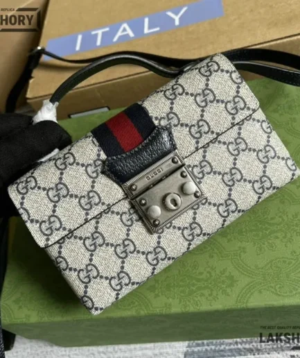 Gucci 1:1 Mirror Replica GG Supreme Lock Web Mini Padlock 18CM/7.1IN Gucci Replica Padlock Bags