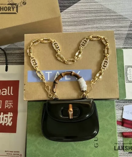 Gucci 1:1 Mirror Replica Patent Crystal Mini Bamboo 1947 Chain Bag 17CM/6.7IN Gucci Replica Bamboo Bags