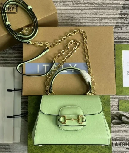 Gucci 1:1 Mirror Replica Glazed Mini Flap Horsebit 1955 Green 22CM/8.7IN Gucci Replica Horsebit Bags