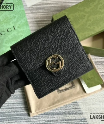 Gucci 1:1 Mirror Replica Interlocking G Logo French Wallet Black 12.5CM/4.9IN Gucci Replica Wallets