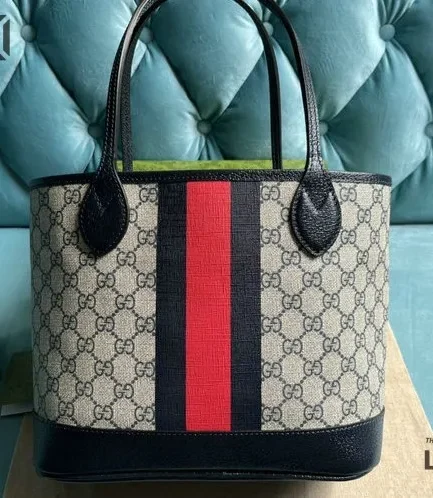 Gucci 1:1 Mirror Replica Monogram Small Ophidia Tote Beige Blue 25CM/9.8IN Gucci Replica Ophidia Bags